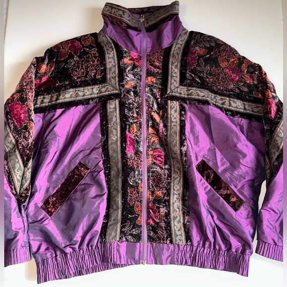 Vintage 80s On Your Mark Windbreaker Sz L Purple Floral Velvet Full Zip Retro - Picture 1 of 9